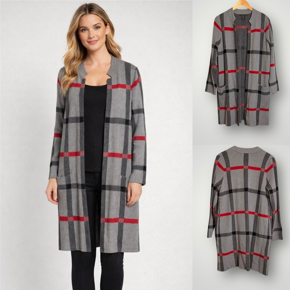 Tahari Windowpane Cardigan Sweater Womens Plus Size 1X Pockets Open Front EUC
